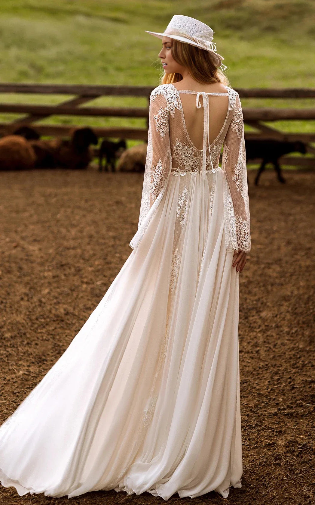 A-Line Boho Lace Sleeves Plunging Neckline Sweep Train Wedding Dress