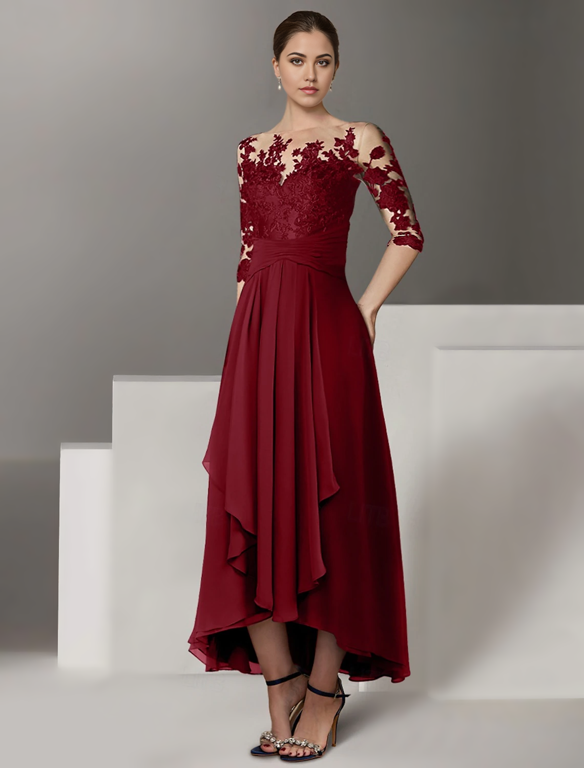 A-Line Cocktail Dresses Elegant Dress Wedding Guest Asymmetrical 3/4 Length Sleeve Jewel Neck Stretch Satin with Appliques free custom size