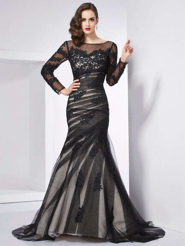 Mermaid Tulle Jewel Long Sleeves Sweep/Brush Train With Applique Dresses