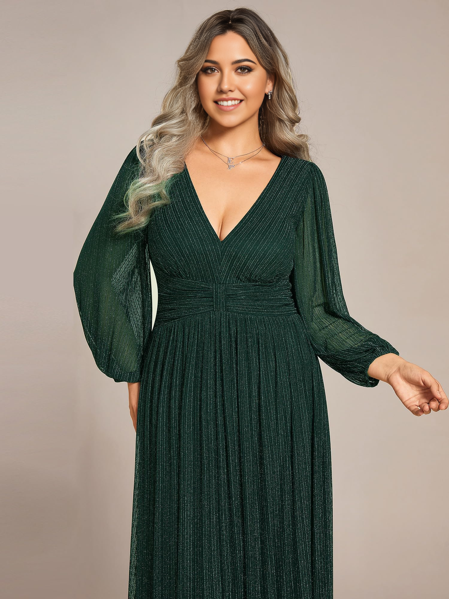 Plus Size A-line V Neck Pleated Floor Length Glitter Long Sleeves evening gown formal dress Prom Dresses