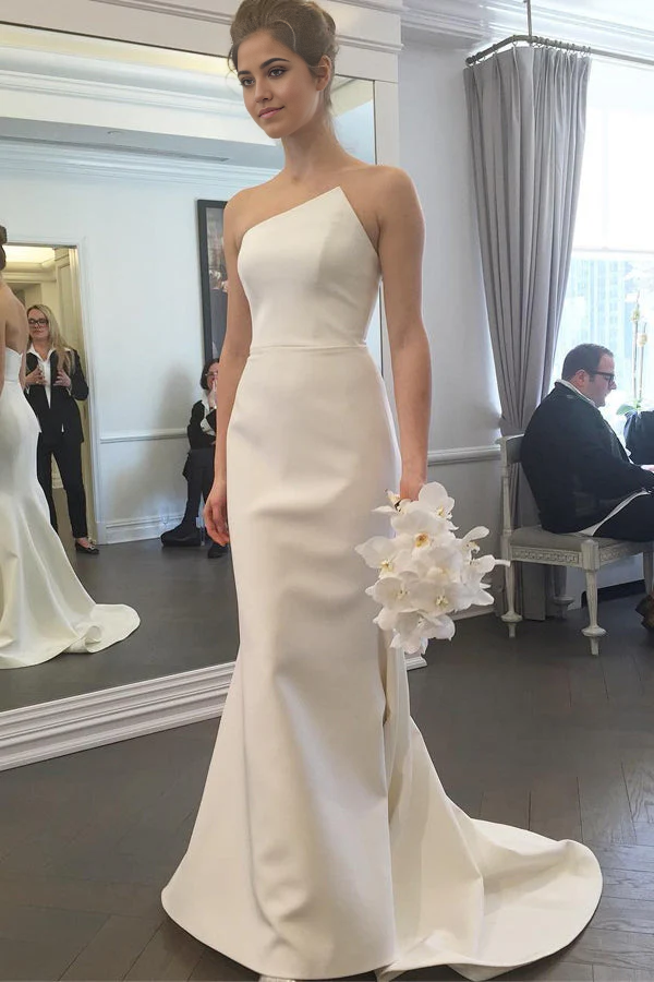 Vestidos de novia elegantes de sirena, sin tirantes, sin mangas, espalda descubierta, color marfil, con cola larga