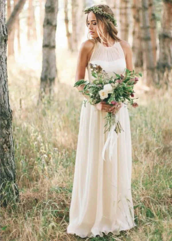 A Line Chiffon Elegant Bohemian Sleeveless Long Wedding Dresses