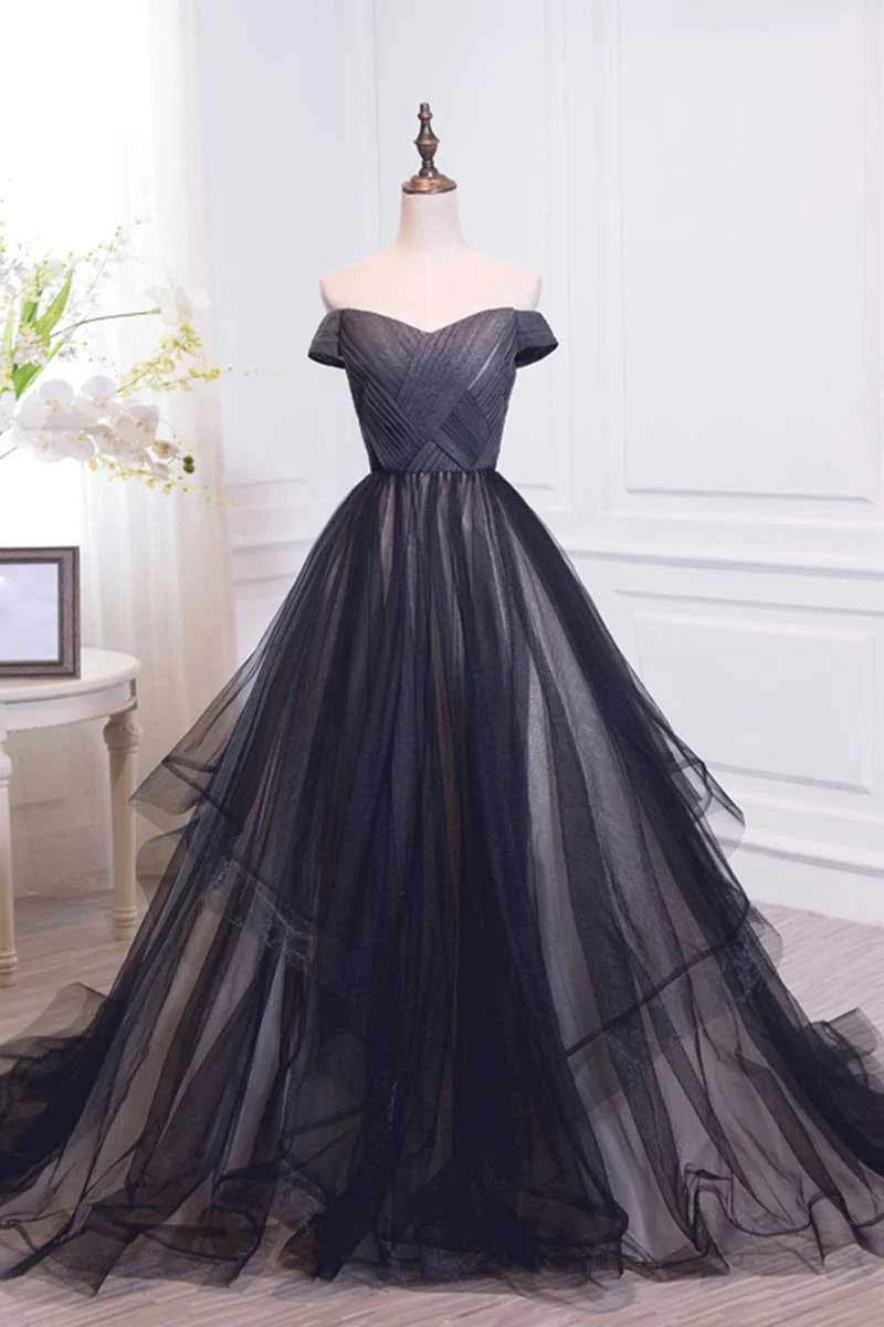 Vestido de fiesta largo de tul con hombros descubiertos