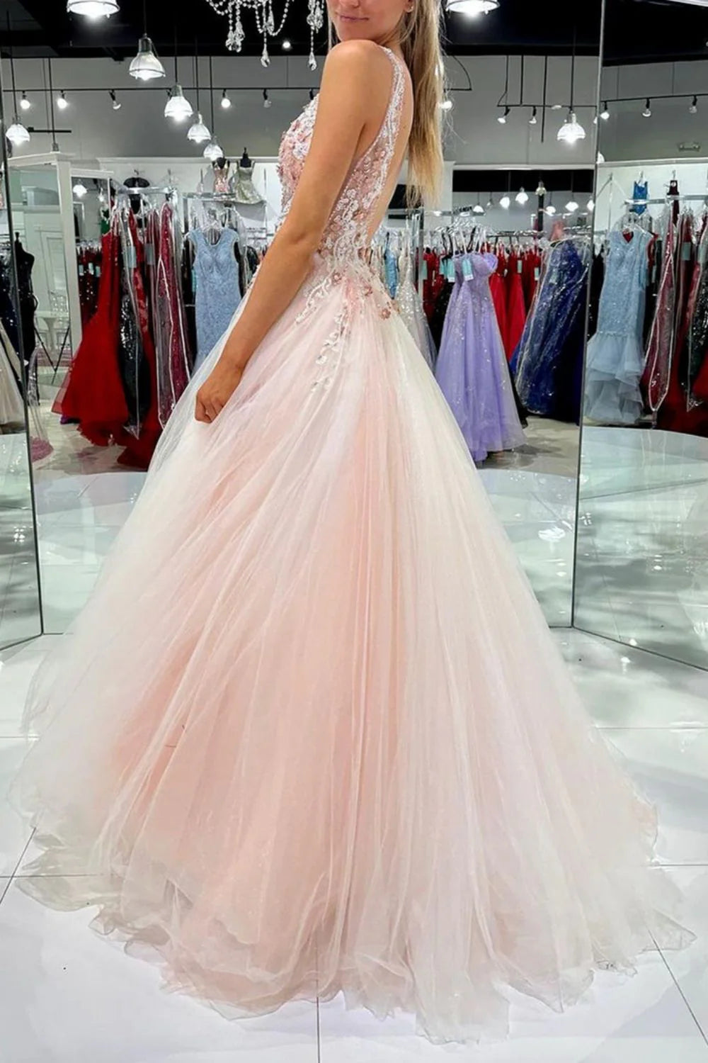 A Line V Neck Long Prom Dress with Appliques