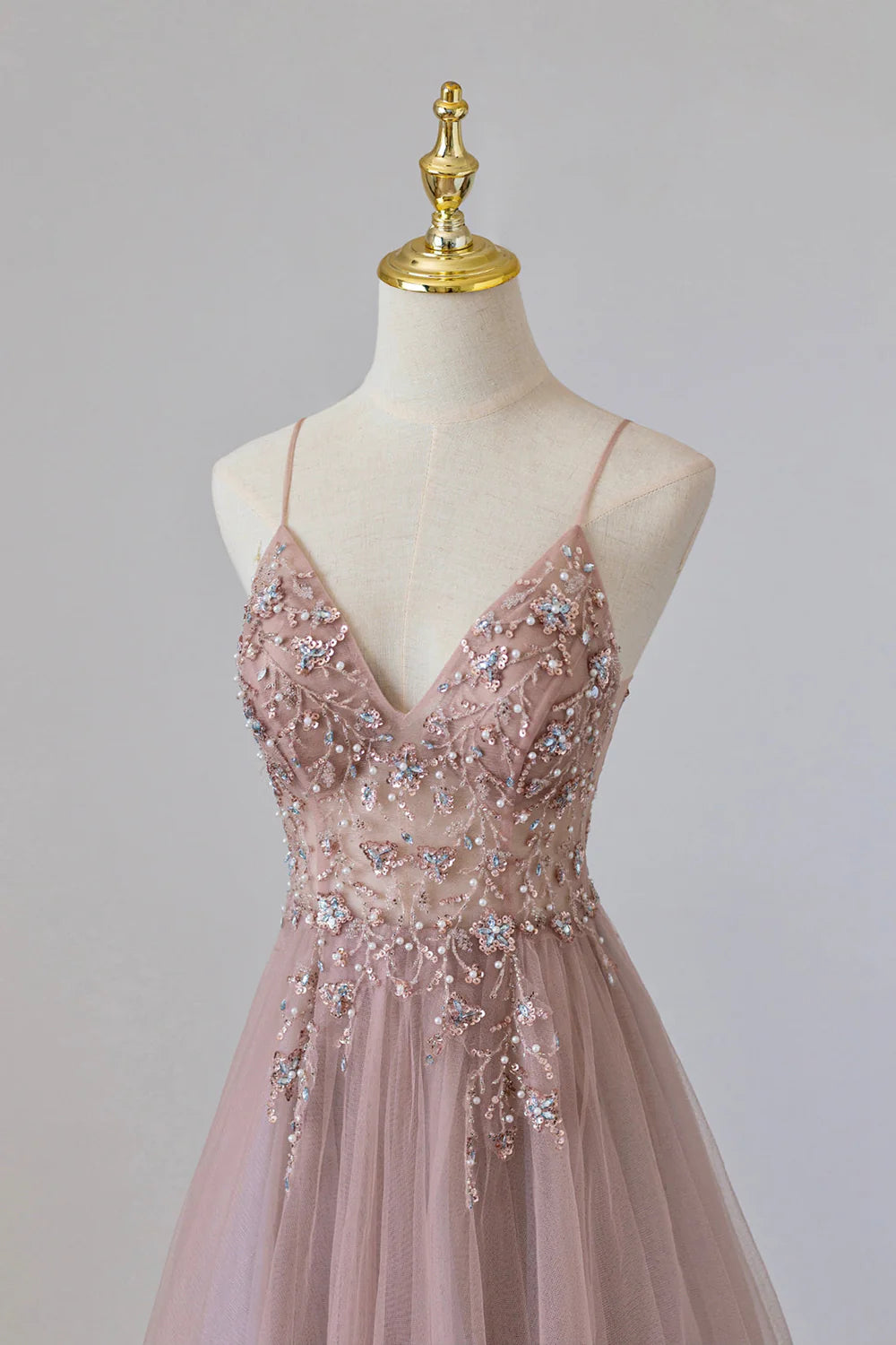 A-Linie Tüll Langes Spaghetti Abendkleid mit Perlenbesatz