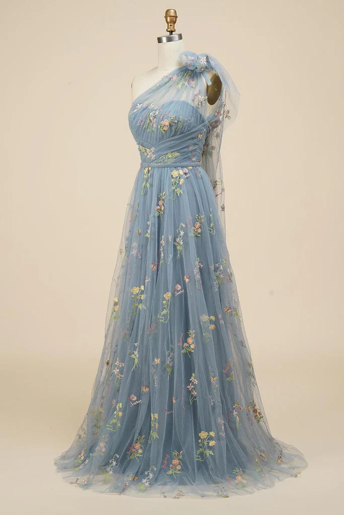 A-Line Floral One Shoulder Prom Dress
