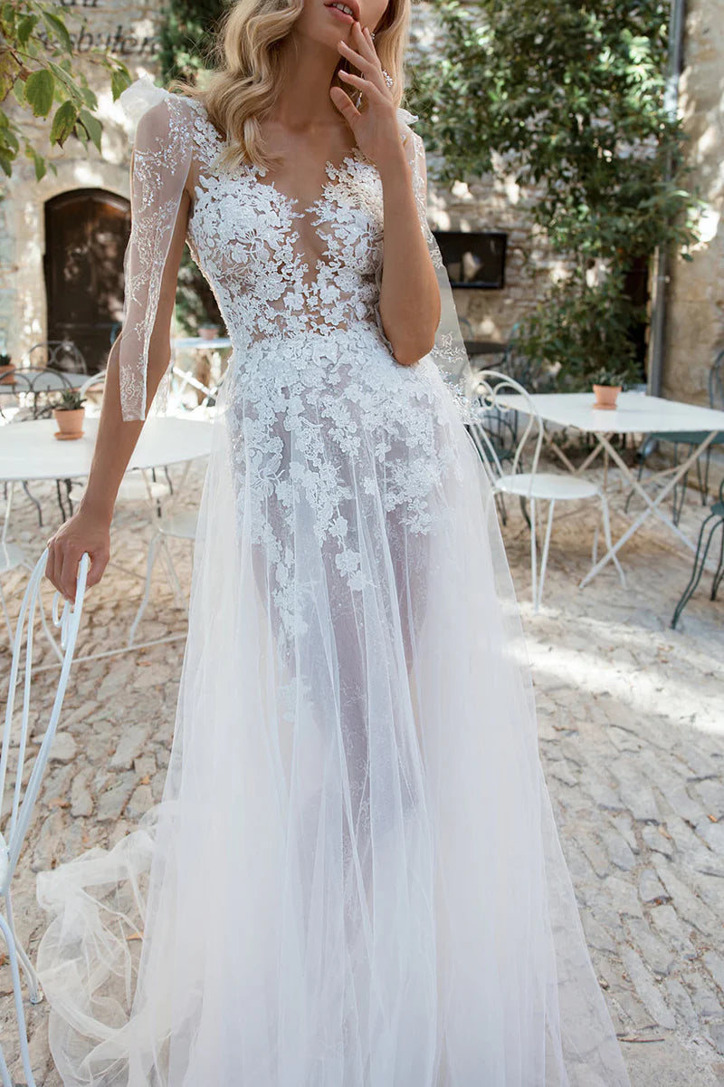 A Line V neck Lace Appliques Boho Wedding Dress With Slit