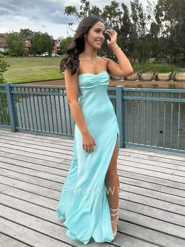 A-Linie Einfache Träger Satin Hellblau Lange Abendkleider Brautjungfernkleider Abendkleid Ballkleid