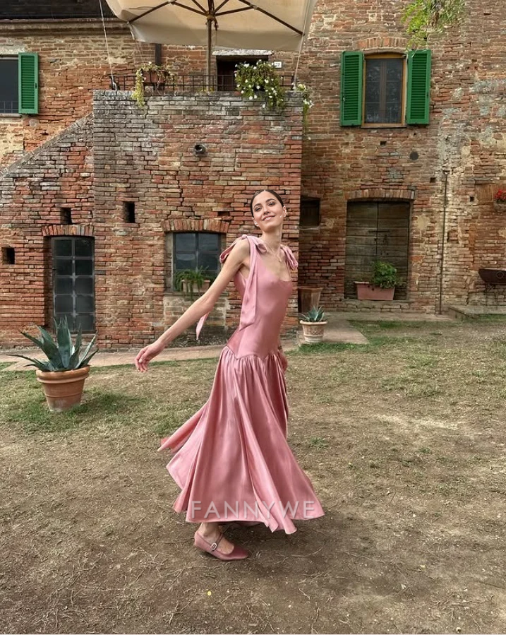 Hermosos vestidos formales largos de satén rosa de línea A, vestidos de dama de honor, vestido de noche, vestido de fiesta
