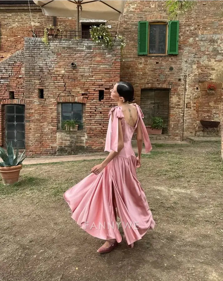 Hermosos vestidos formales largos de satén rosa de línea A, vestidos de dama de honor, vestido de noche, vestido de fiesta