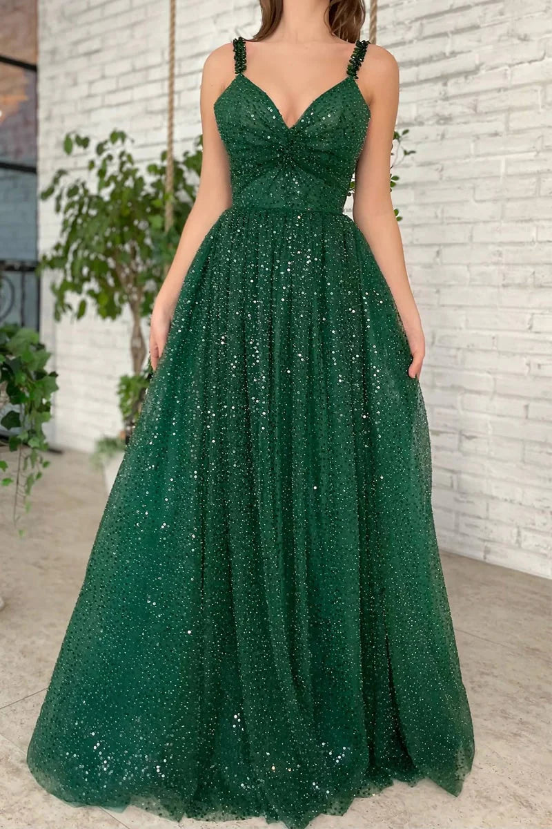 A-Linie V-Ausschnitt Bodenlang Tüll Funkelndes Ballkleid mit Perlen Pailletten Glitzer