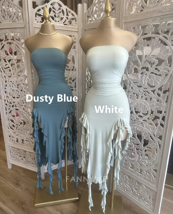 Sheath Strapless Ruffles White Long formal dresses Bridesmaid Dresses evening gown Prom Dress
