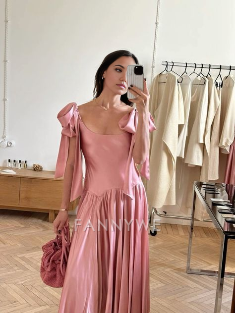 Hermosos vestidos formales largos de satén rosa de línea A, vestidos de dama de honor, vestido de noche, vestido de fiesta