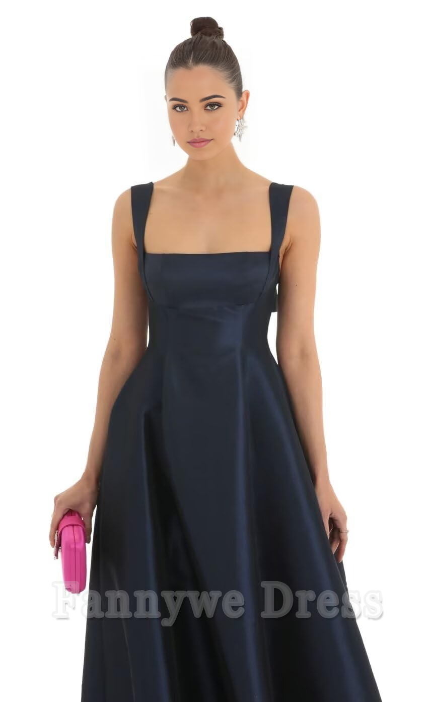 A Line Spaghetti Straps Satin formal dresses Bridesmaid Dresses evening gown Prom Dress Bow Bodycon