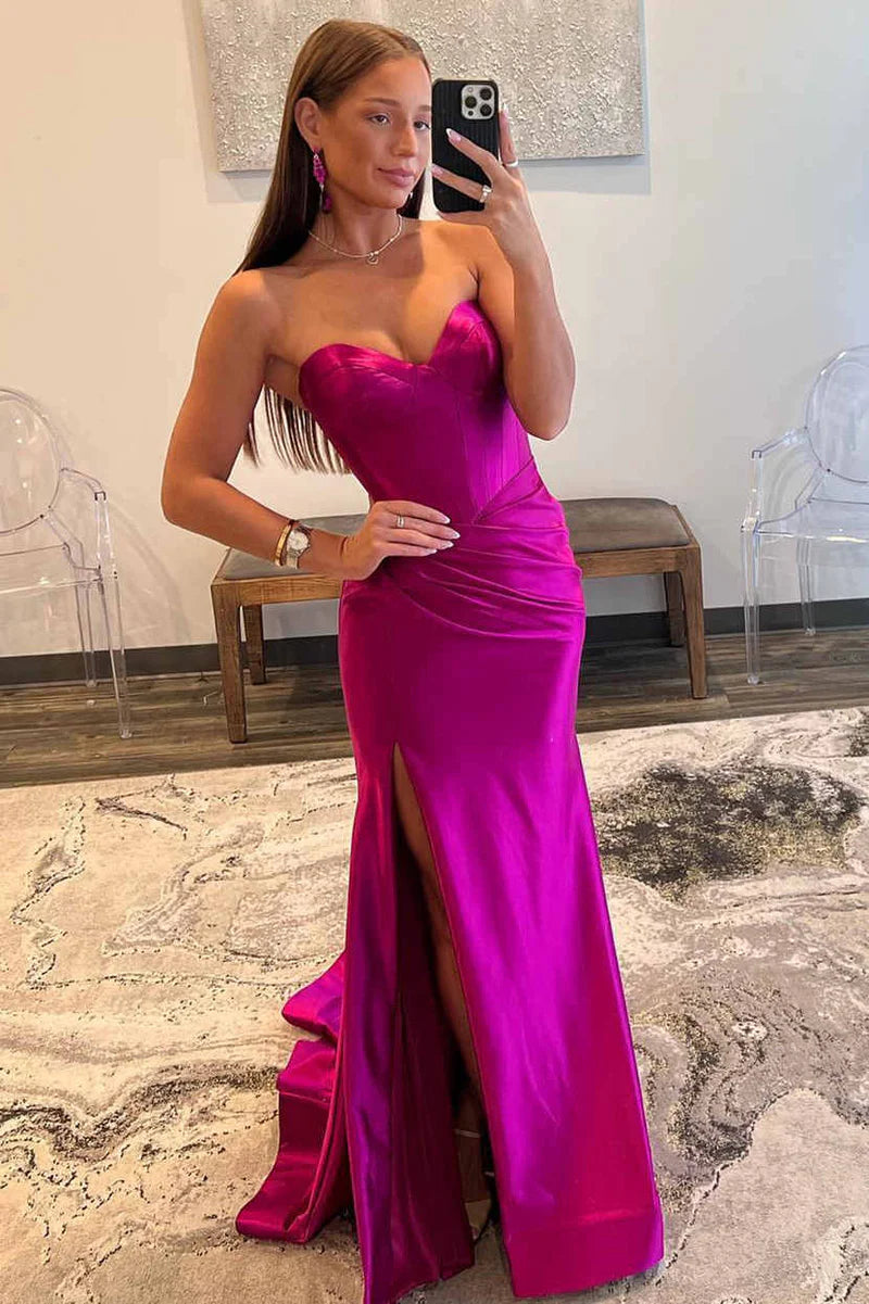 Vestido de fiesta de satén con escote en forma de sirena y abertura