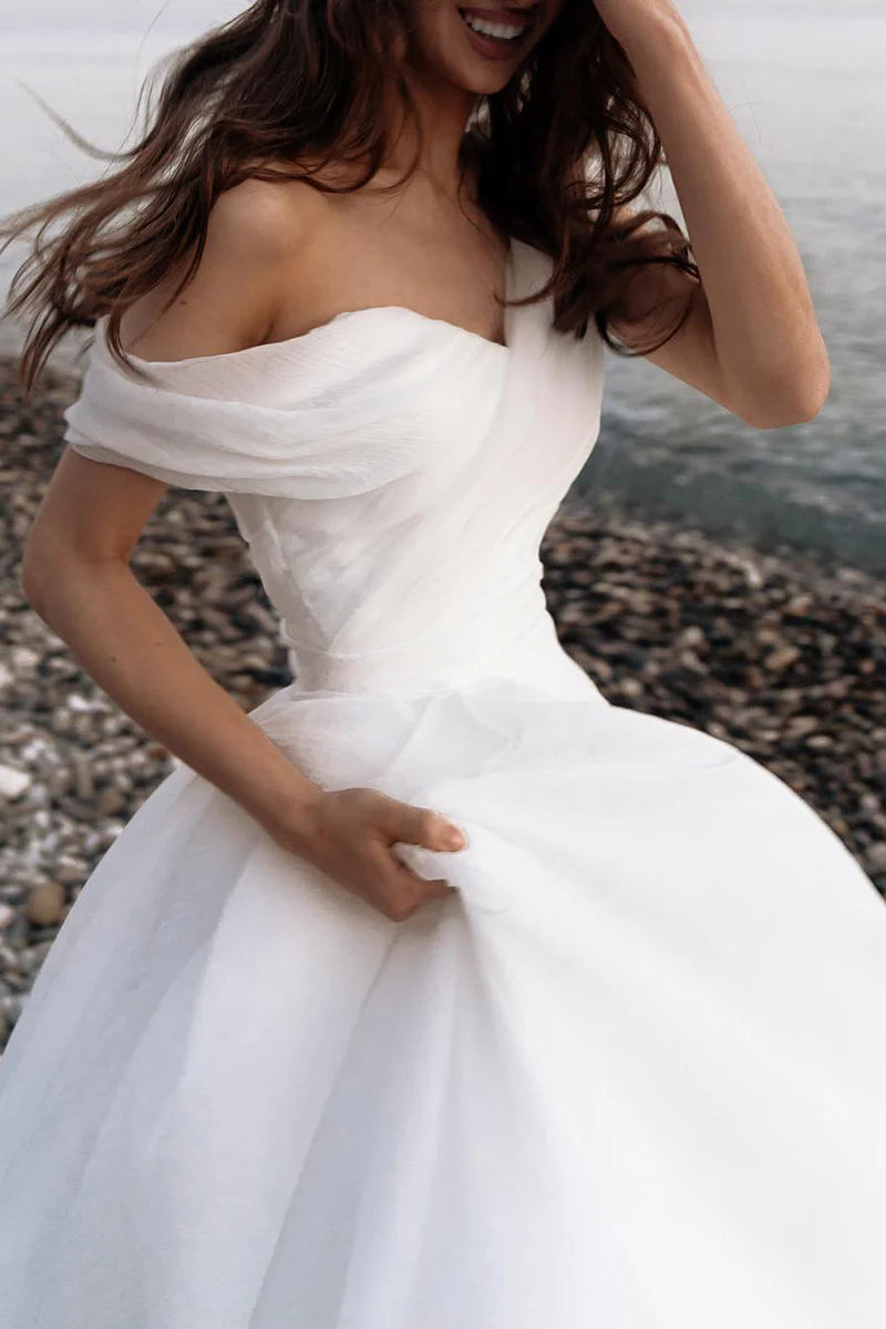 A Line One Shoulder Organza Pleats Hall Wedding Dress