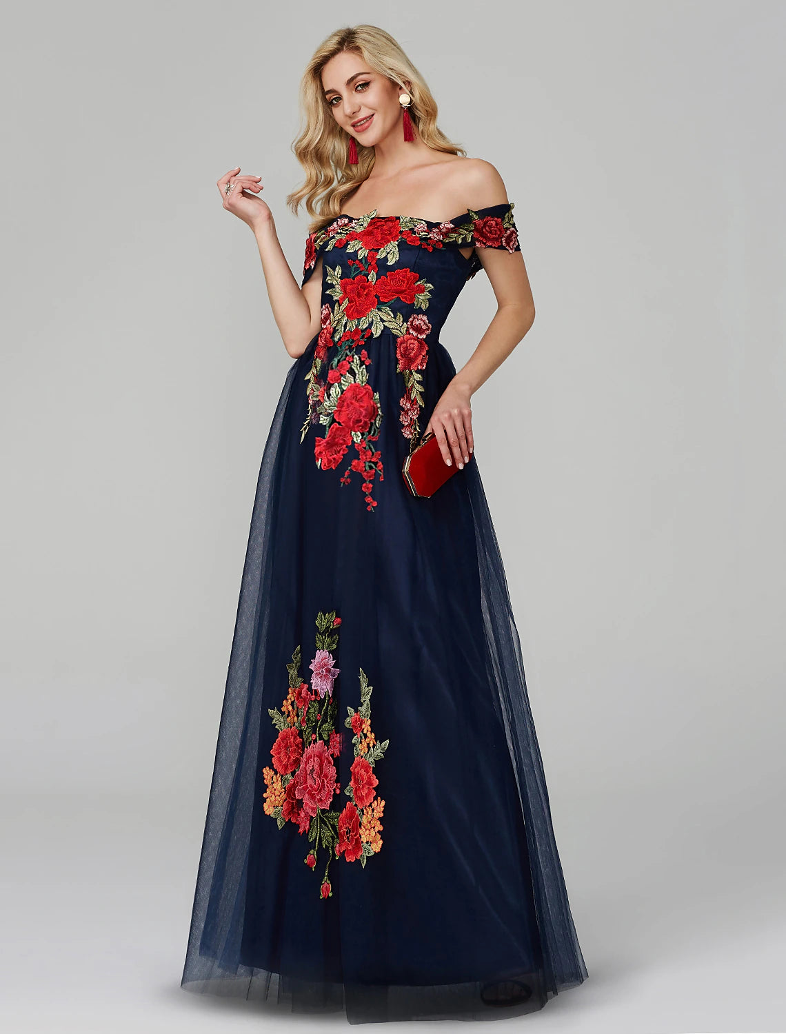 Vestido de fiesta de corte A, floral, para invitada de boda, largo hasta el suelo, sin mangas, hombros descubiertos, con encaje sobre tul y apliques bordados.