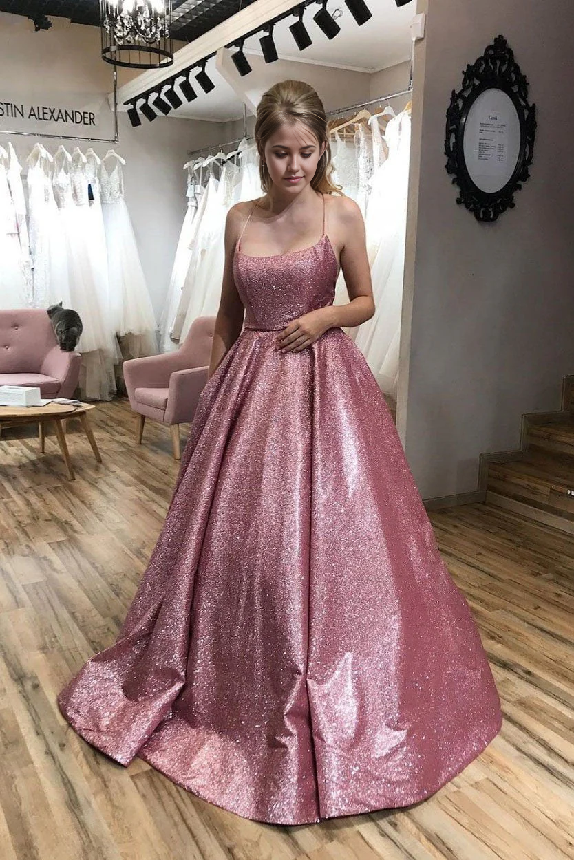 A line Sequins Backless Spaghetti Straps Pink formal dress Evening Prom Dresses