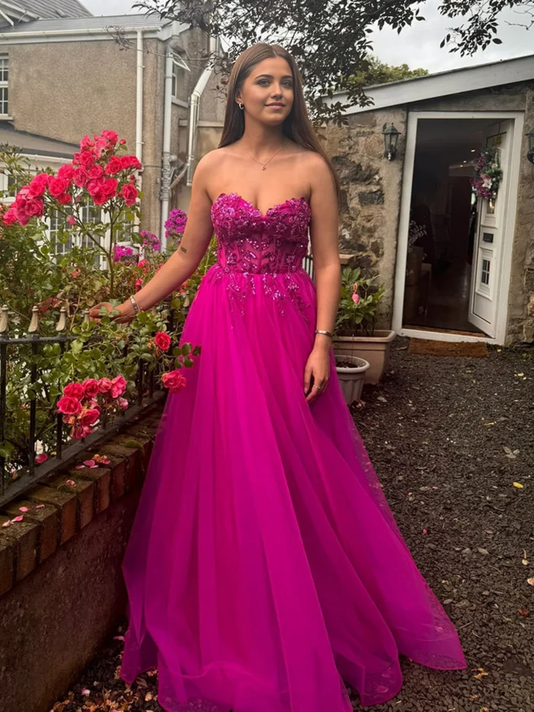 Vestidos de fiesta largos de encaje fucsia/amarillo con lentejuelas y corte A para graduación de noche formal