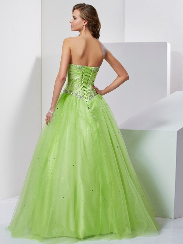 Duchesse-Linie Tüll Herzausschnitt Ärmellos Bodenlang mit Perlen verziert Quinceanera Kleider