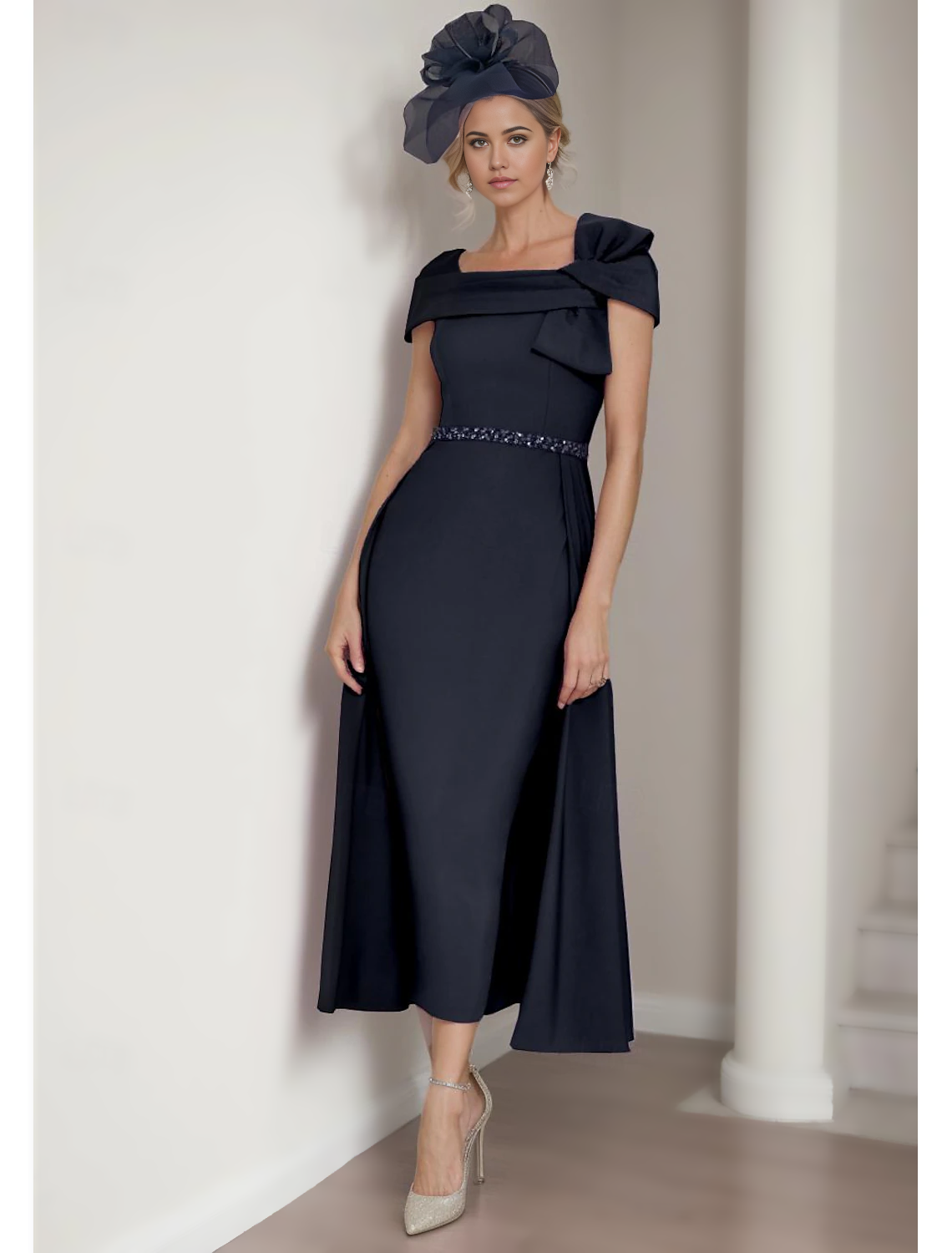 Sheath / Column Mother of the Bride Dress Elegant Square Neck Tea Length Stretch Fabric Short Sleeve with Bow(s) Tier Solid Color free custom size