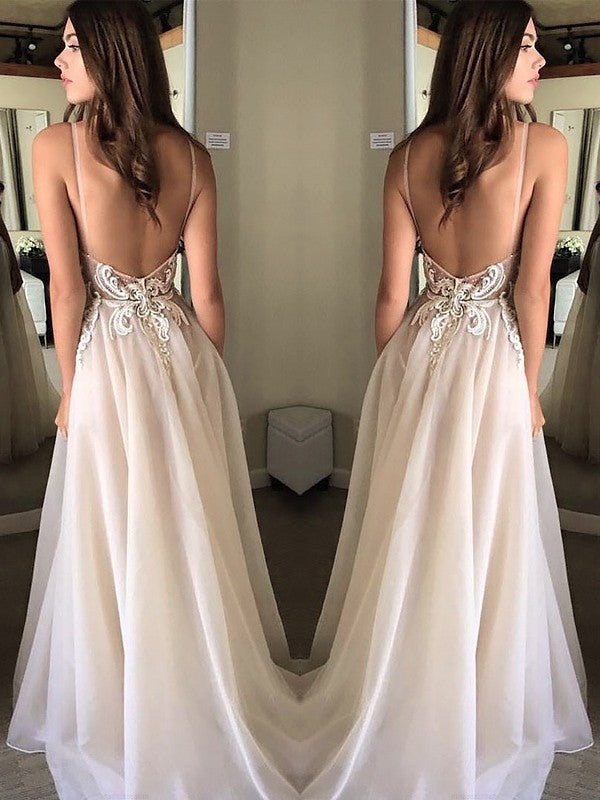 Vestidos de gasa con apliques, corte A, tirantes finos, sin mangas, cola larga y barrida