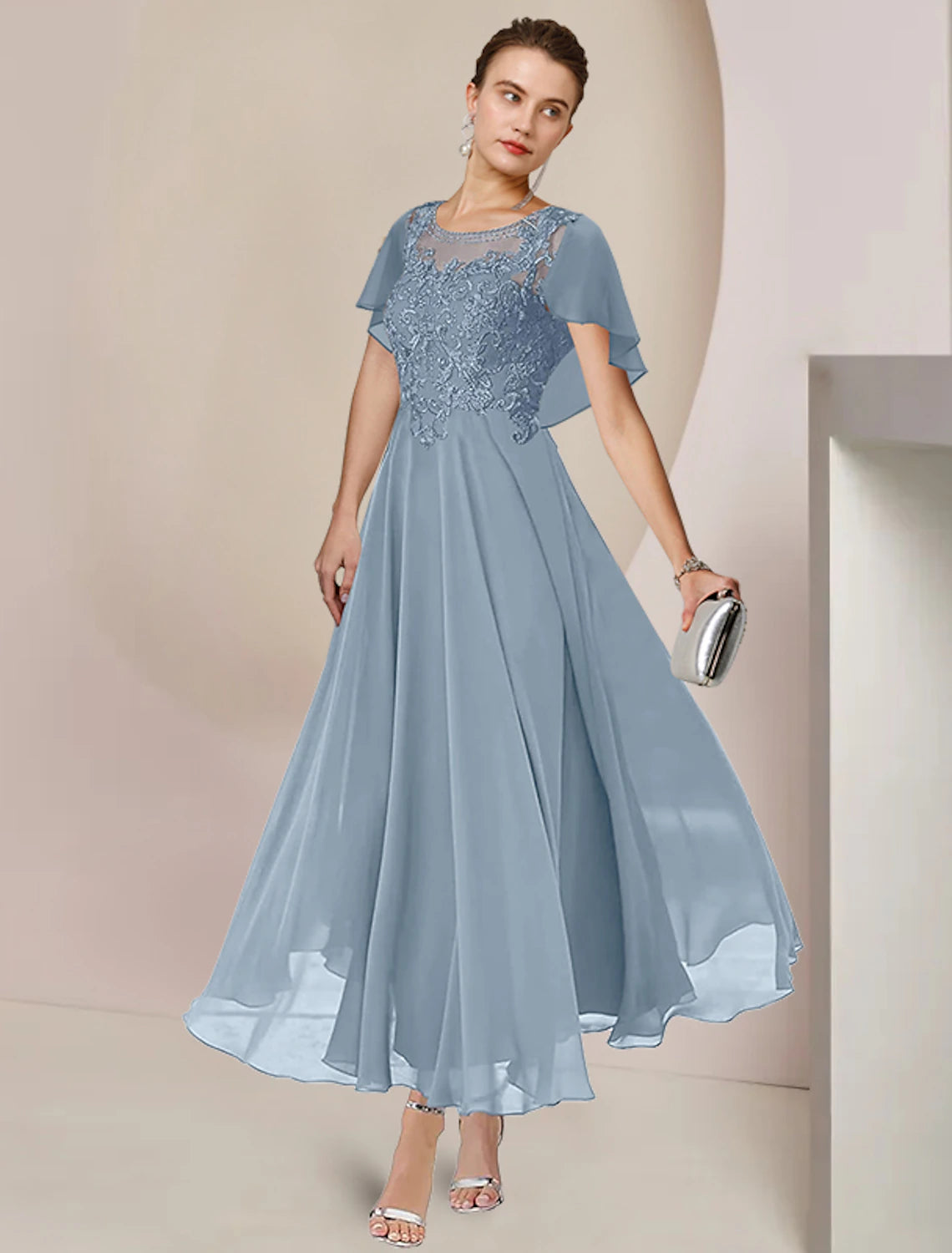 A-Linien-Kleid für die Brautmutter, elegant, U-Ausschnitt, knielang, Chiffon, Spitze, ärmellos, mit Perlenapplikationen