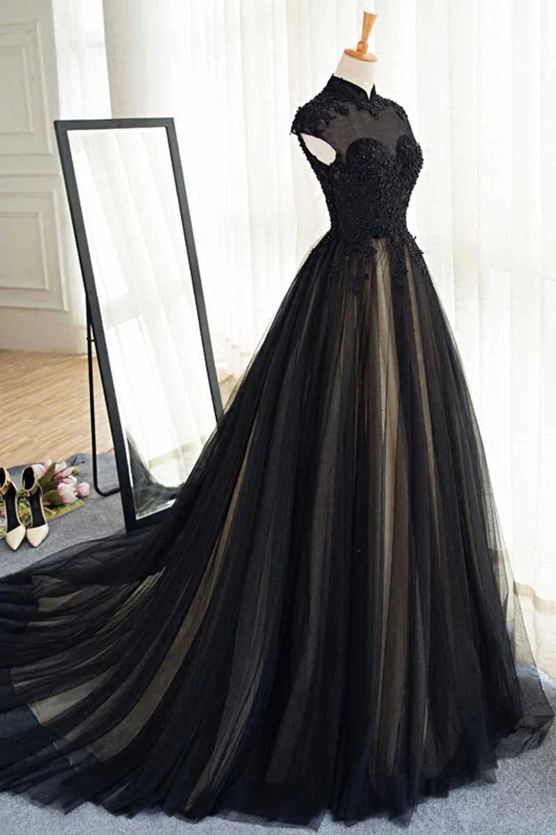 tulle lace long prom dress