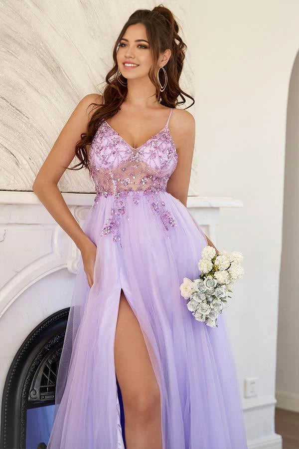 A-Linie Tüll Schlitz Lila Langes Ballkleid mit Perlenbesatz