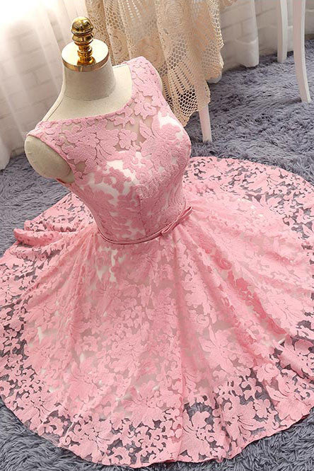 Round neck lace short prom dress