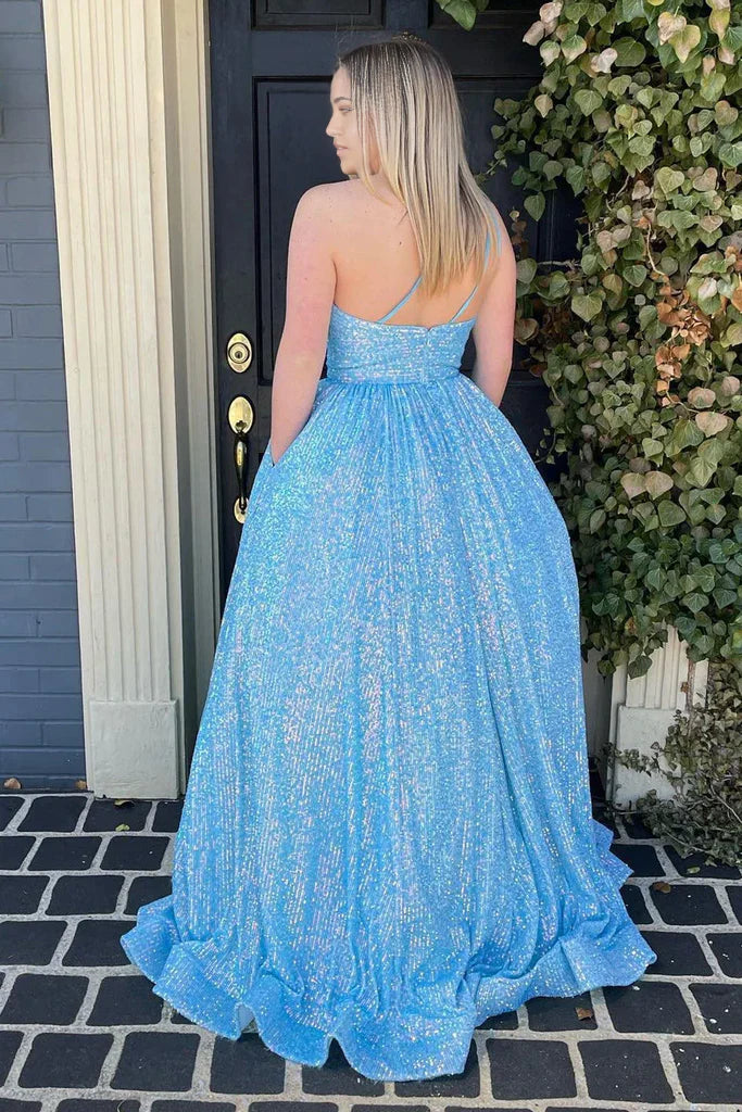A Line Sparkly Plus Size One Shoulder Sequins Prom Dress