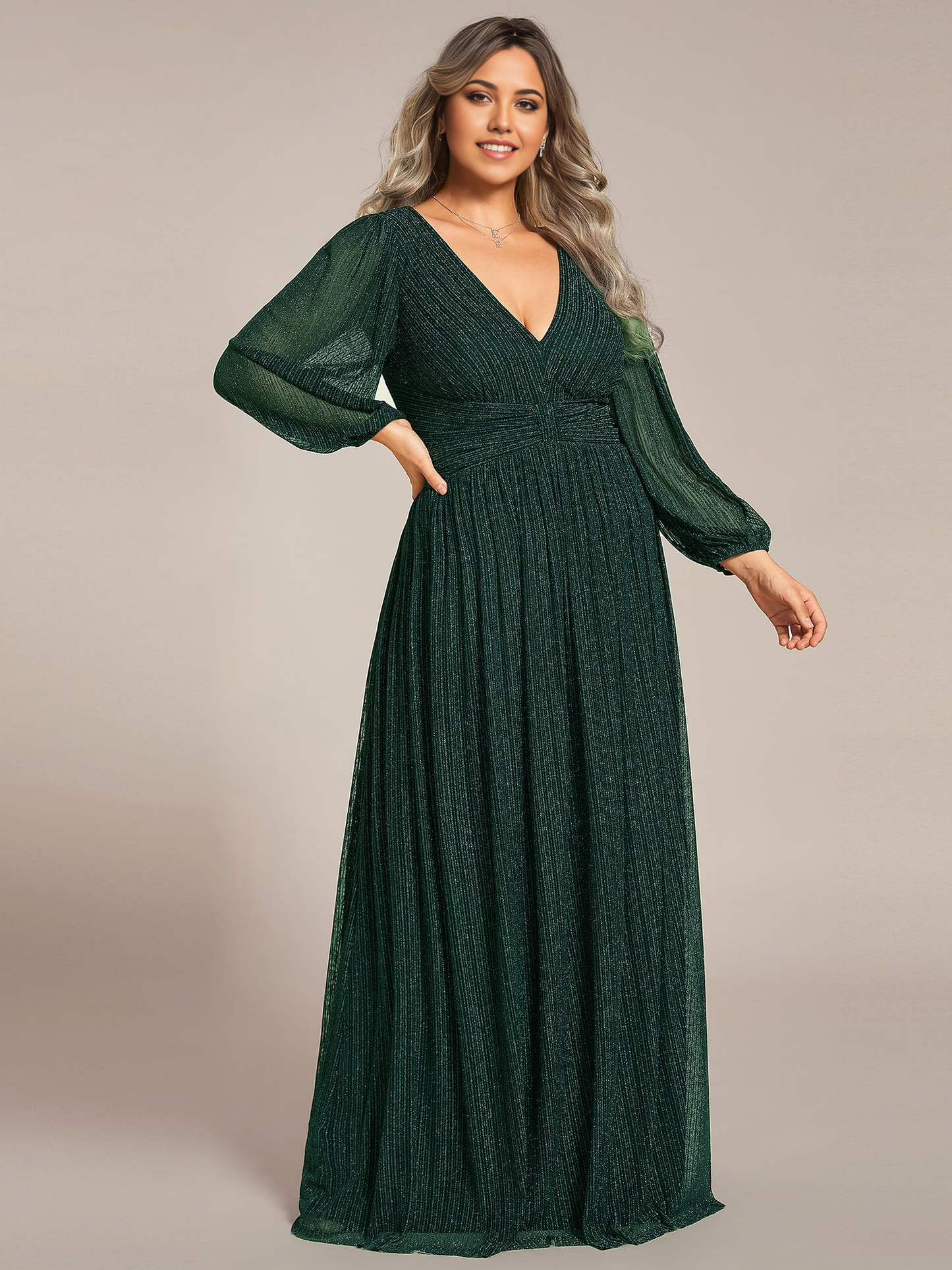 Plus Size A-line V Neck Pleated Floor Length Glitter Long Sleeves evening gown formal dress Prom Dresses