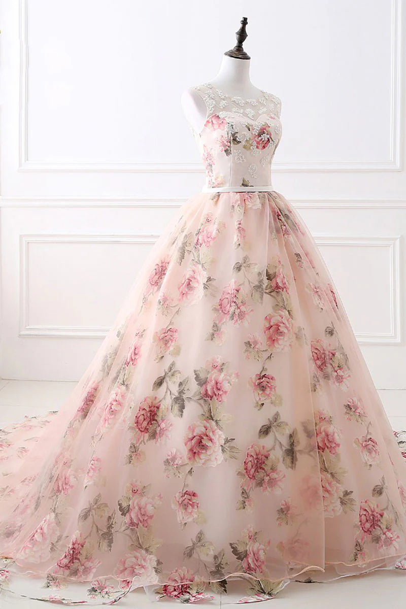 Round neck printing long prom gown