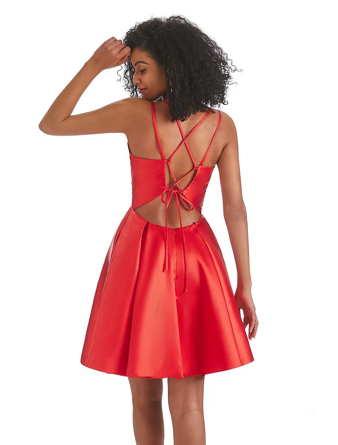 Vestido de fiesta de corte A, sin espalda, corto/mini, sin mangas, escote en V, satén con pliegues