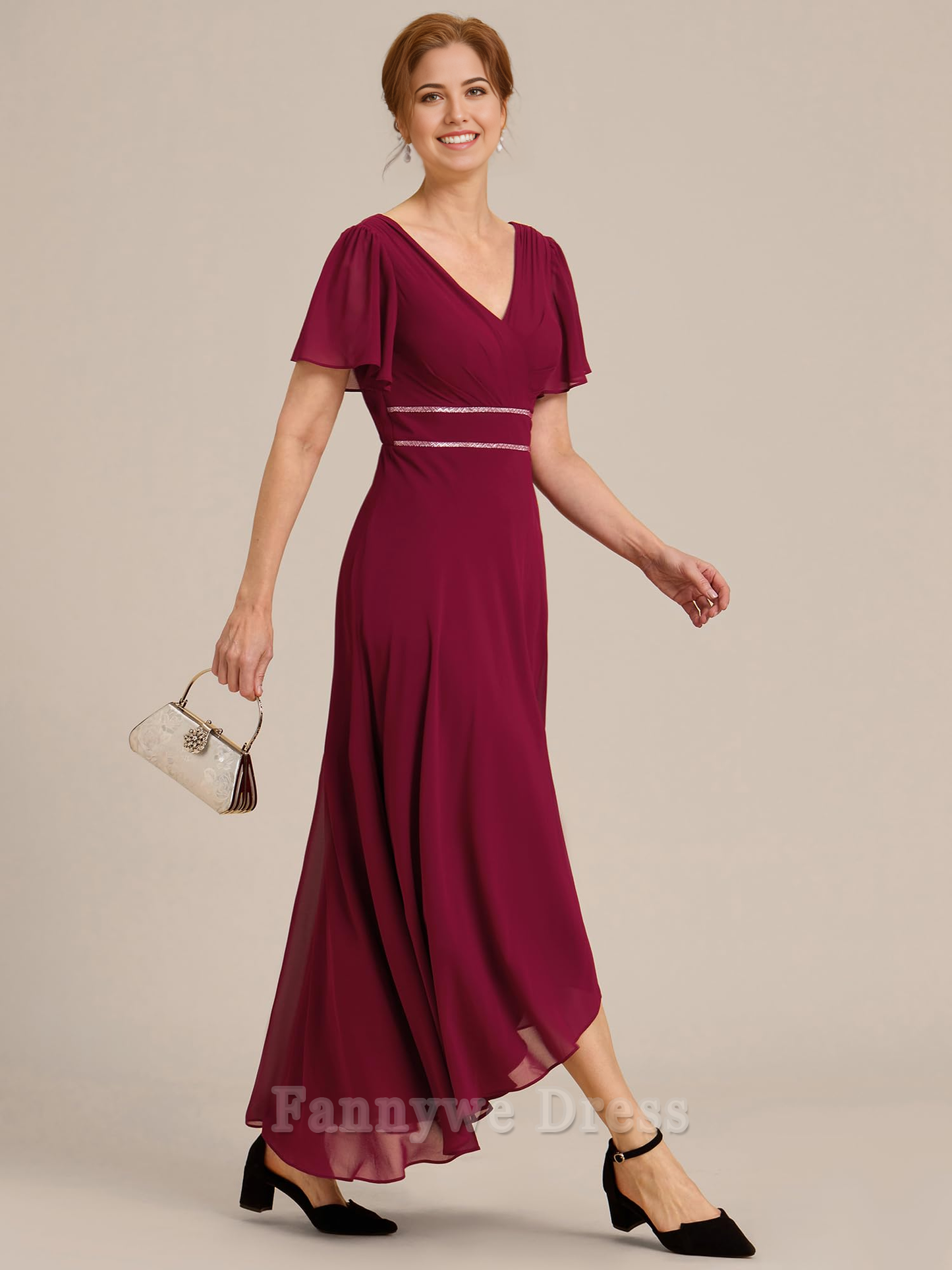 A-Linie V-Ausschnitt Rüschenärmel Plissee Chiffon Abendkleider Brautjungfernkleider Abendkleid Ballkleid