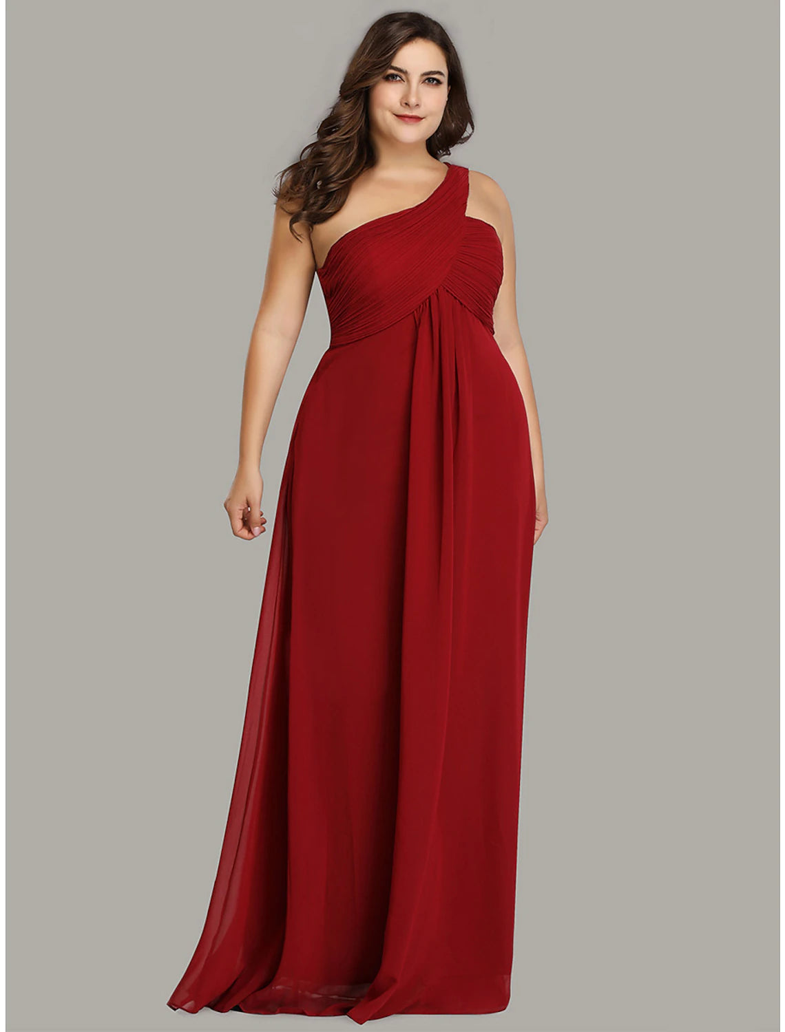 Vestido de noche corte A, estilo imperio, formal, largo hasta el suelo, sin mangas, con un hombro descubierto, de gasa, para dama de honor, con espalda descubierta y pliegues drapeados.
