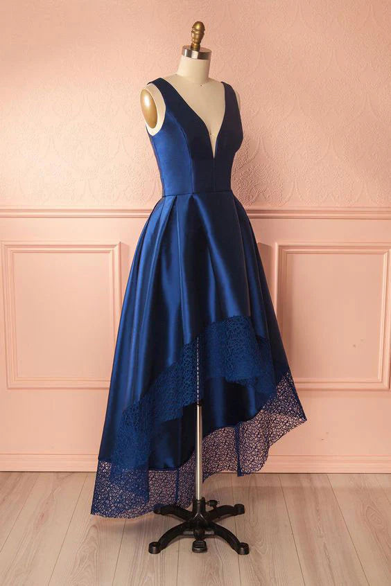 V neck high low prom dress