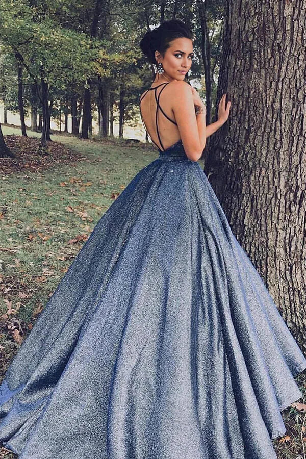 Sparkly V-neck Ball Gown Prom Dresses