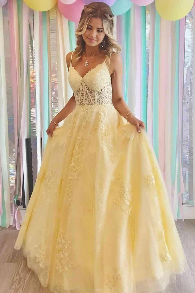 A-Linie V-Ausschnitt Applikationen Gelb Langes Ballkleid Abendkleid