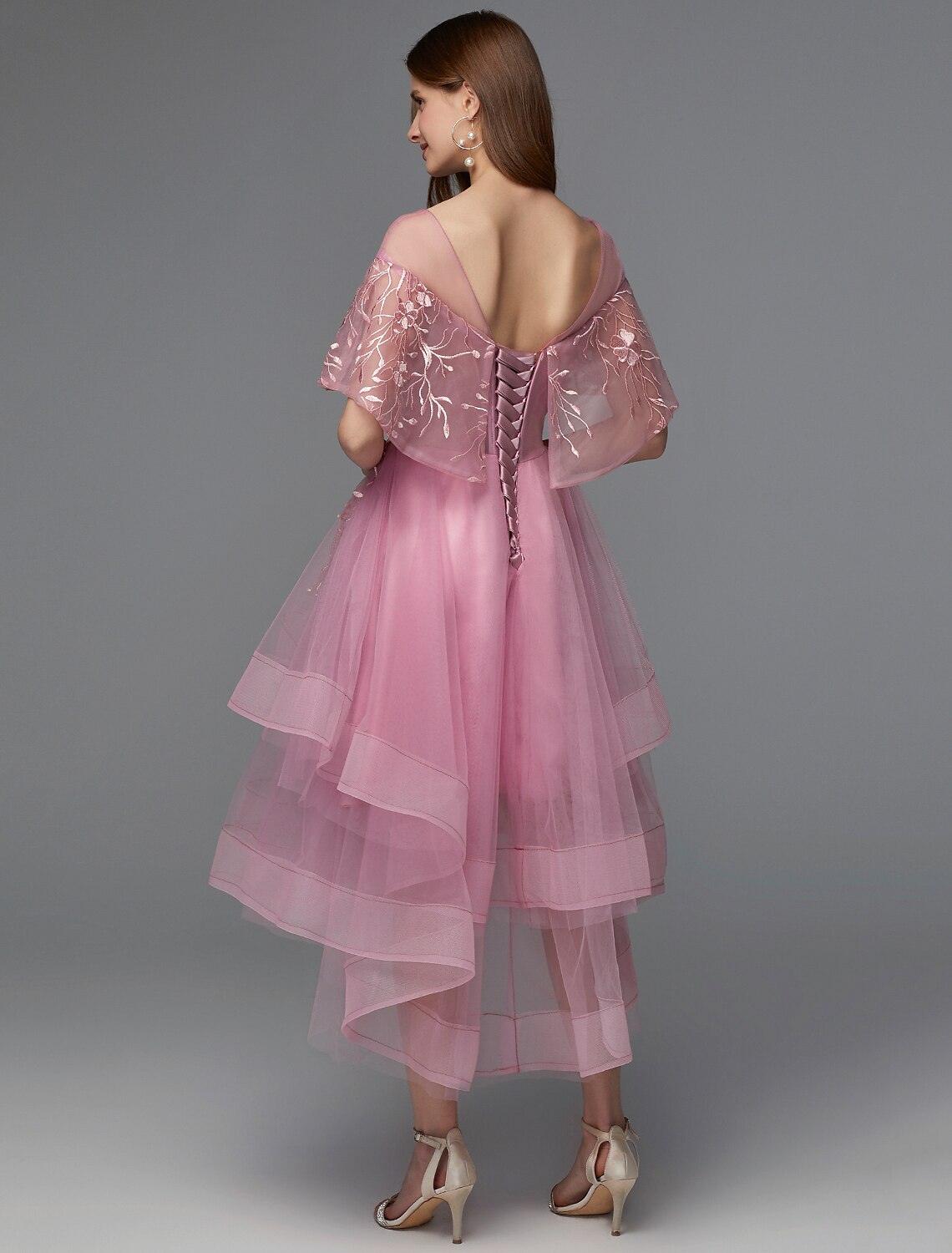 Elegantes A-Linien-Kleid für den Urlaub, asymmetrisch, ärmellos, Illusionsausschnitt, Spitzenband hinten mit Spitzeneinsatz