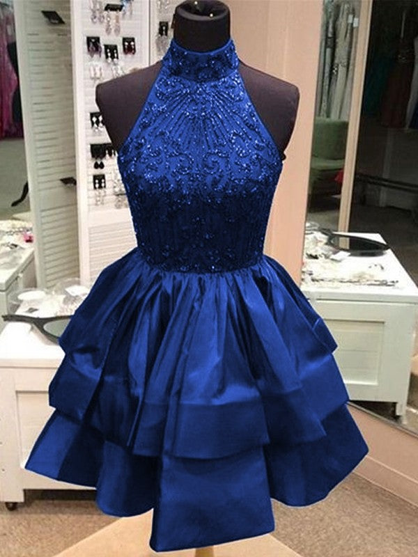 A-Line Satin High Neck Sleeveless Short/Mini With Beading Dresses