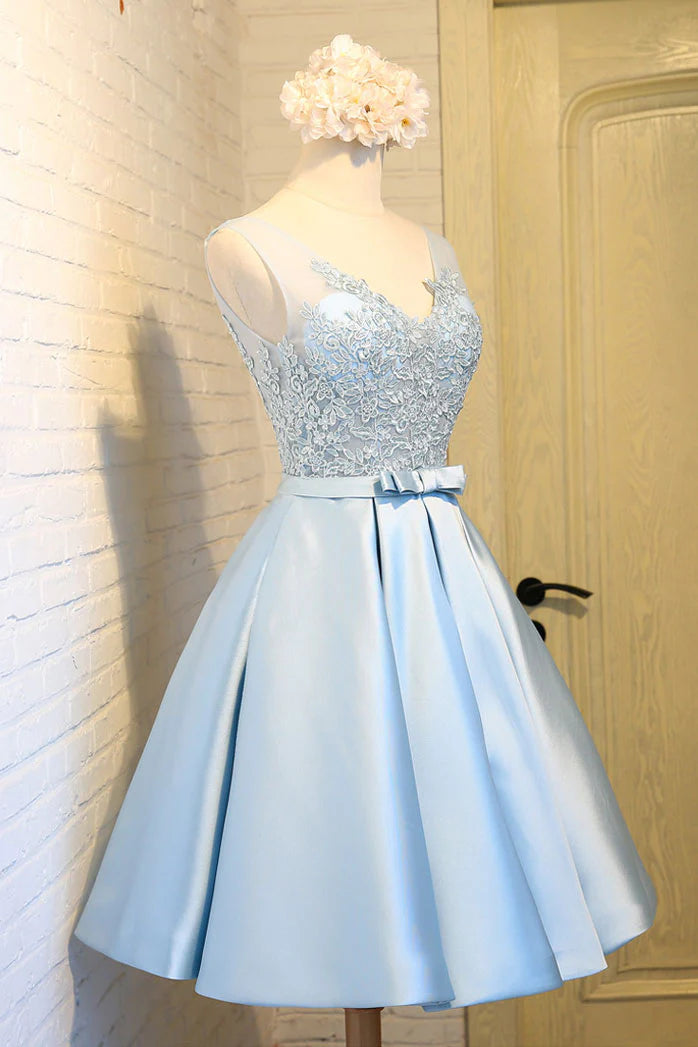 V neck lace applique short prom dress