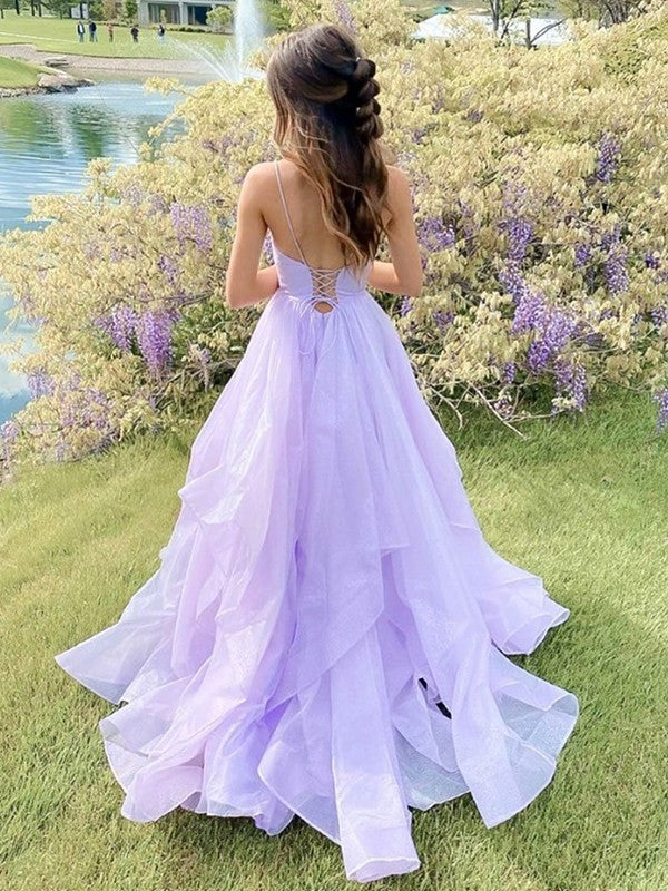 Gorgeous Lilac A-Line Ruffles V-neck Sleeveless Sweep/Brush Train Dresses