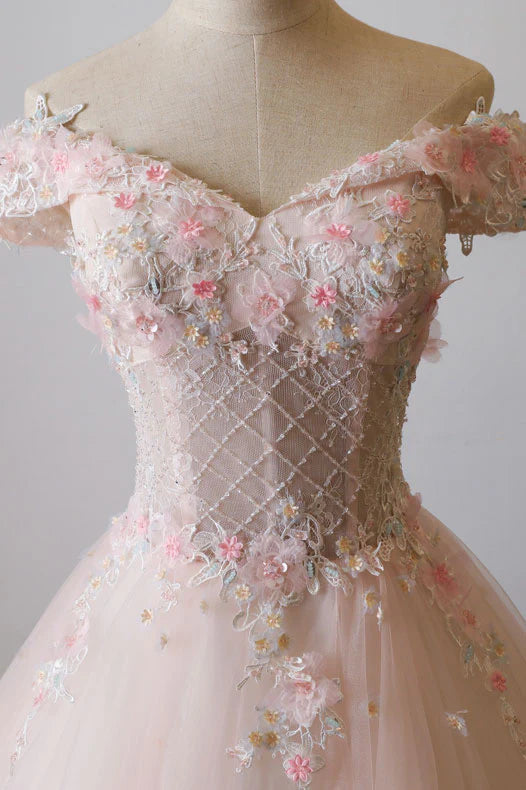 Vestido de fiesta largo de tul con encaje y hombros descubiertos