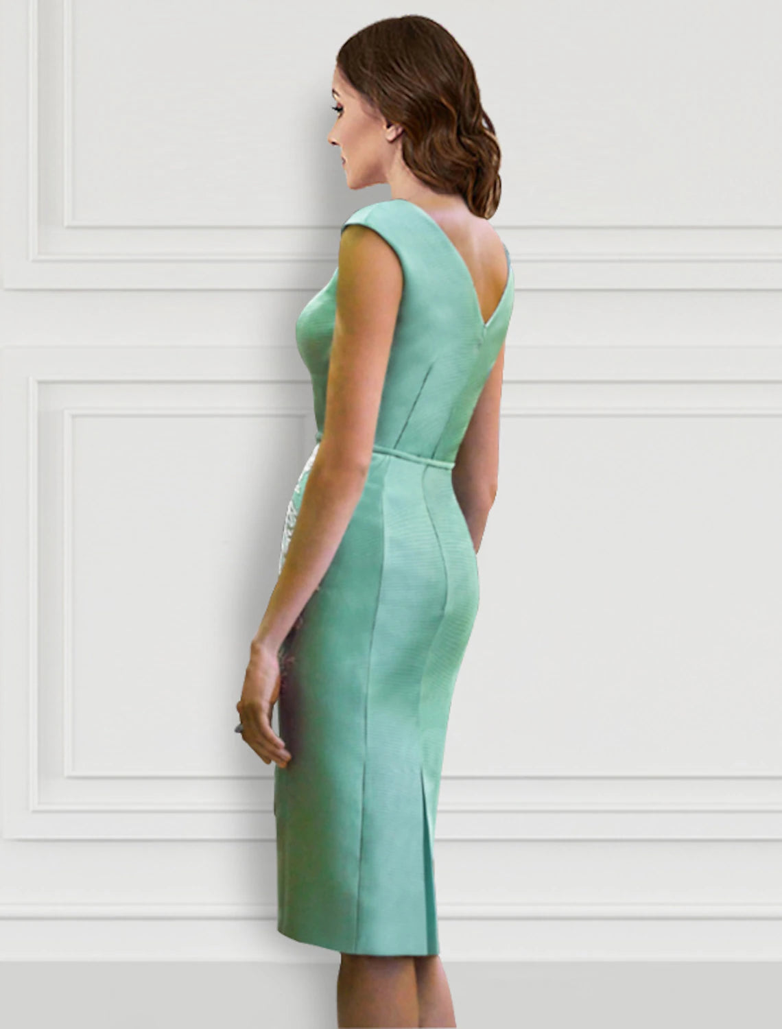 Zweiteilige Cocktailkleider, Blumenkleid, formell, knielang, langärmlig, V-Ausschnitt, Gürtel/Schärpe, Satin mit Applikationen