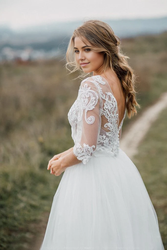 Two Pieces A Line Long Sleeves Tulle Lace Wedding Dresses