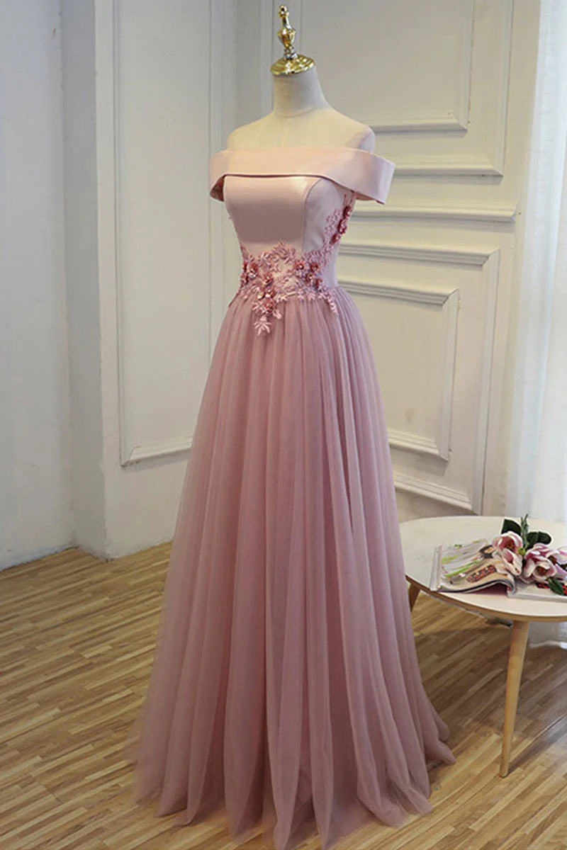 A-line off shoulder tulle long prom dress