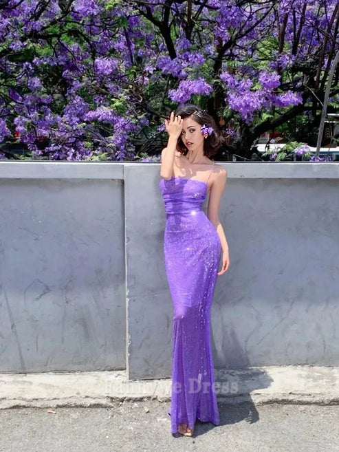 Meerjungfrau Spaghettiträger Pailletten Lila Lange Abendkleider Brautjungfernkleider Abendkleid Ballkleid