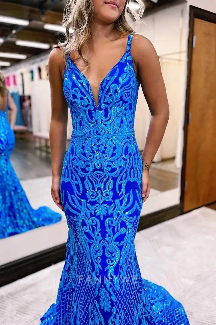 Mermaid shiny V neck bodycon long elegant sequin Blue formal dresses Bridesmaid Dresses evening gown Prom Dress