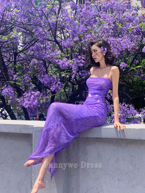 Meerjungfrau Spaghettiträger Pailletten Lila Lange Abendkleider Brautjungfernkleider Abendkleid Ballkleid